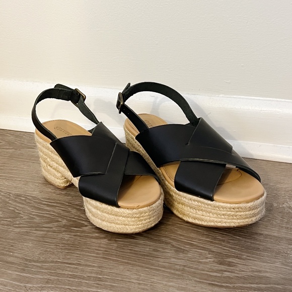 SOLUDOS PLATFORM CADIZ LEATHER ESPADRILLE SANDALS BLACK - Picture 1 of 3